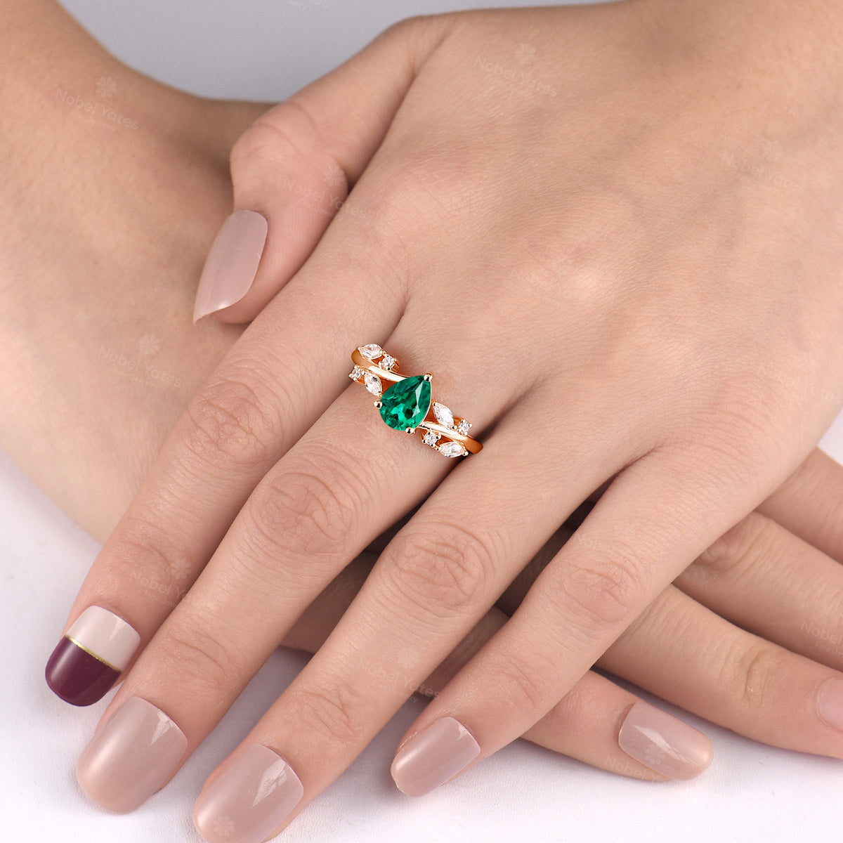 Nature Inspired Pear Lab Emerald Engagement Ring Marquise Moissanite Band