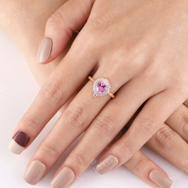 Heart Shape Pink Sapphire Art Deco Engagement Ring Rose Gold