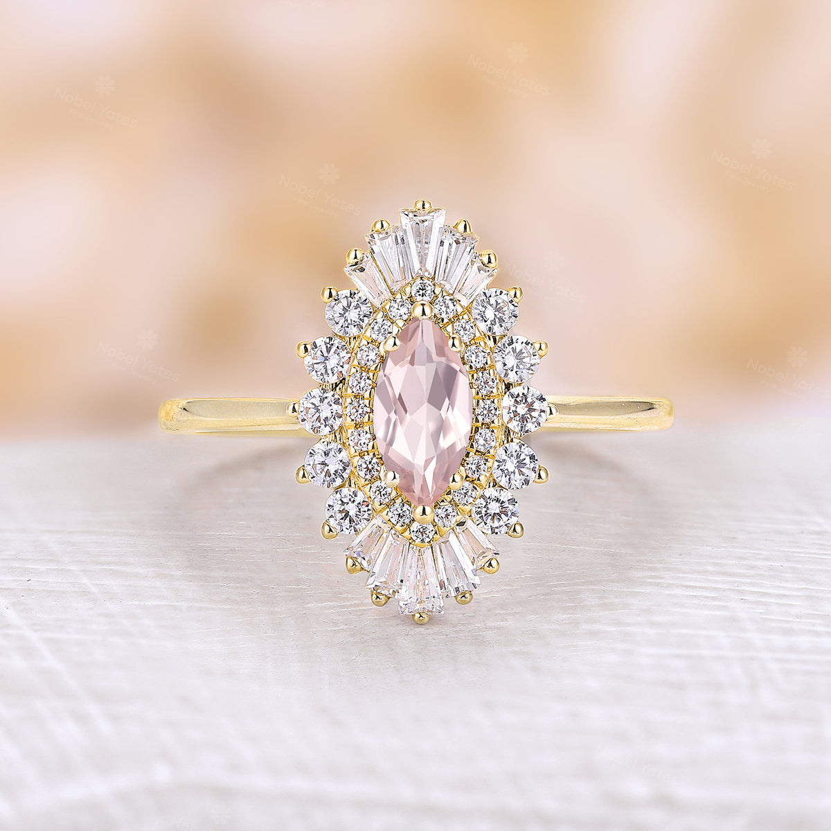 Art Deco Marquise Pink Morganite Star Burst Engagement Ring