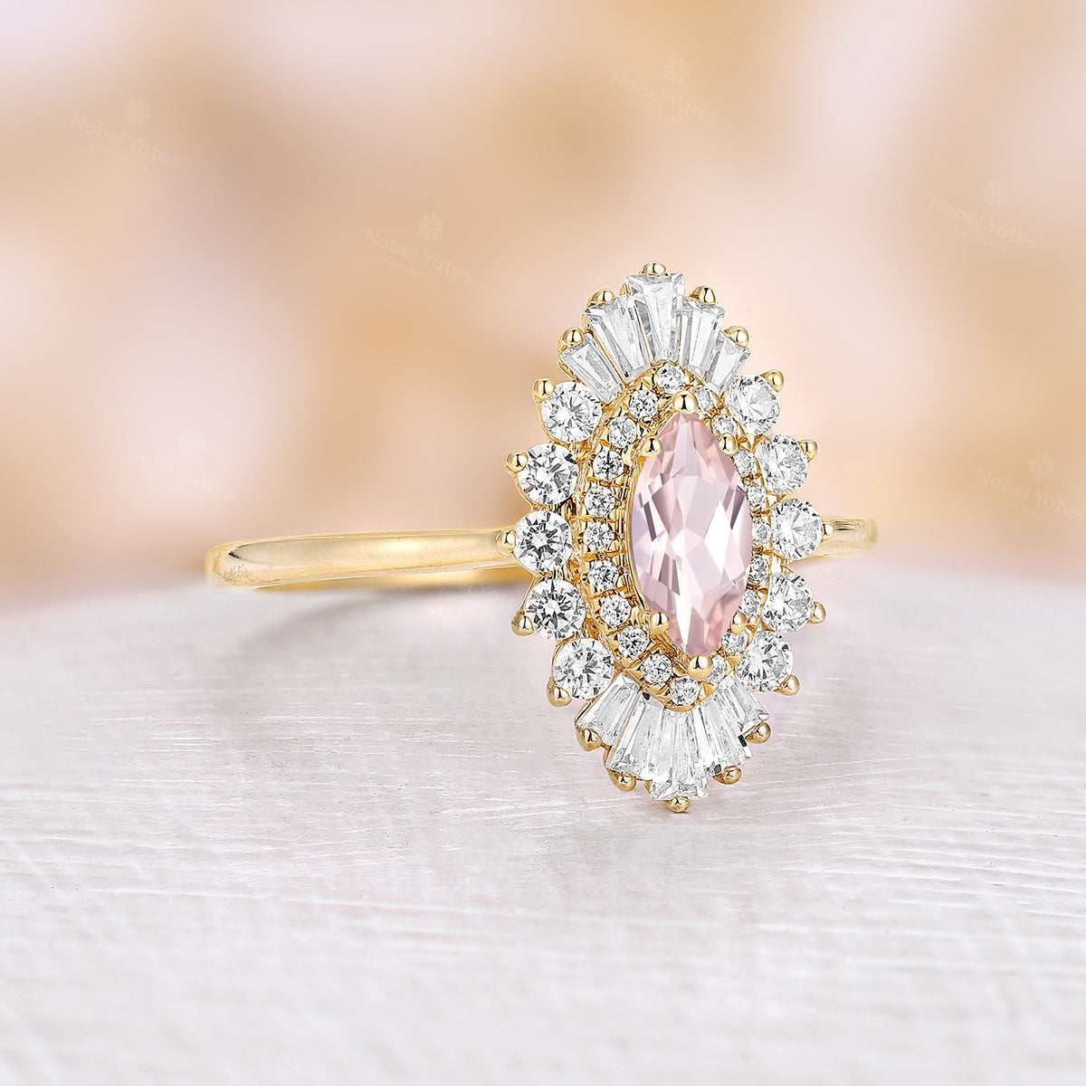 Art Deco Marquise Pink Morganite Star Burst Engagement Ring