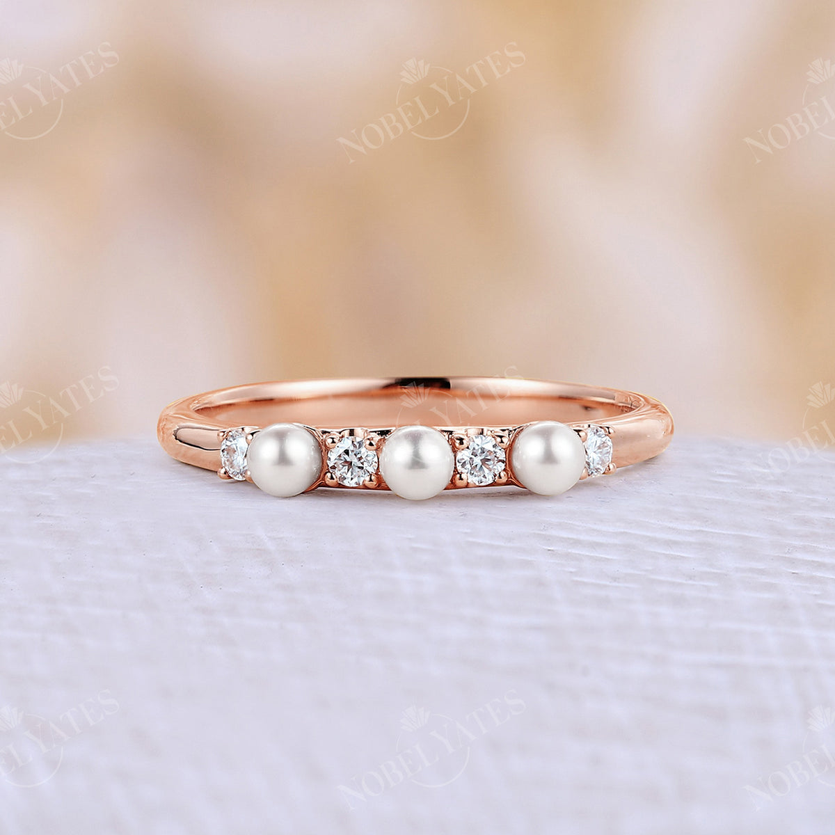 Diamond &Akoya Pearl Straight Band Yellow Gold Matching