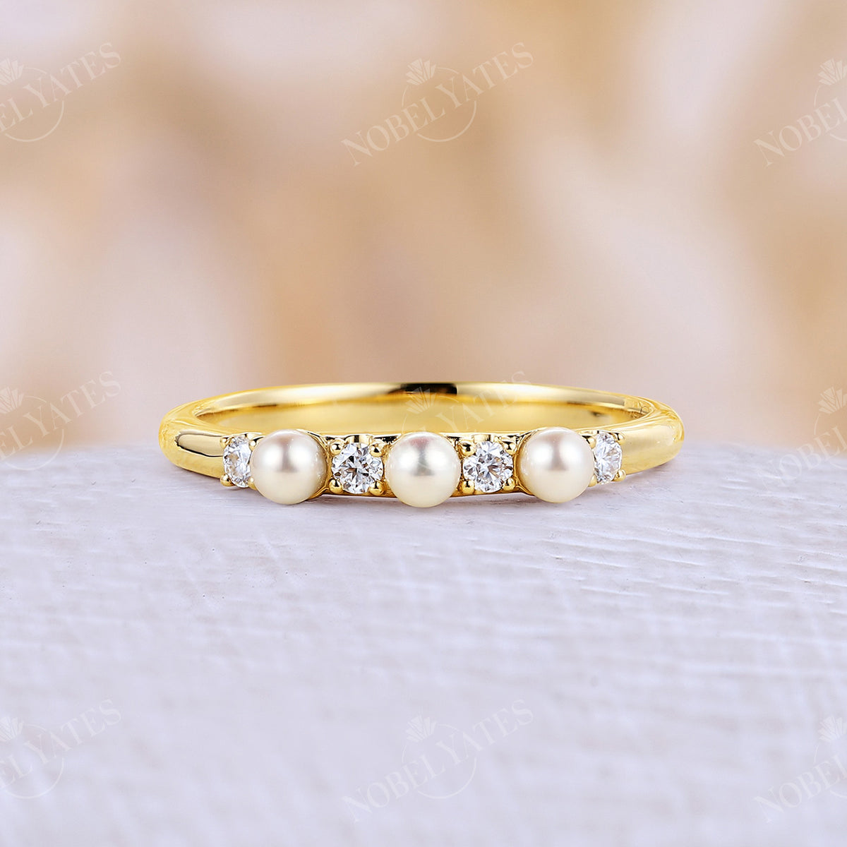 Diamond &Akoya Pearl Straight Band Yellow Gold Matching