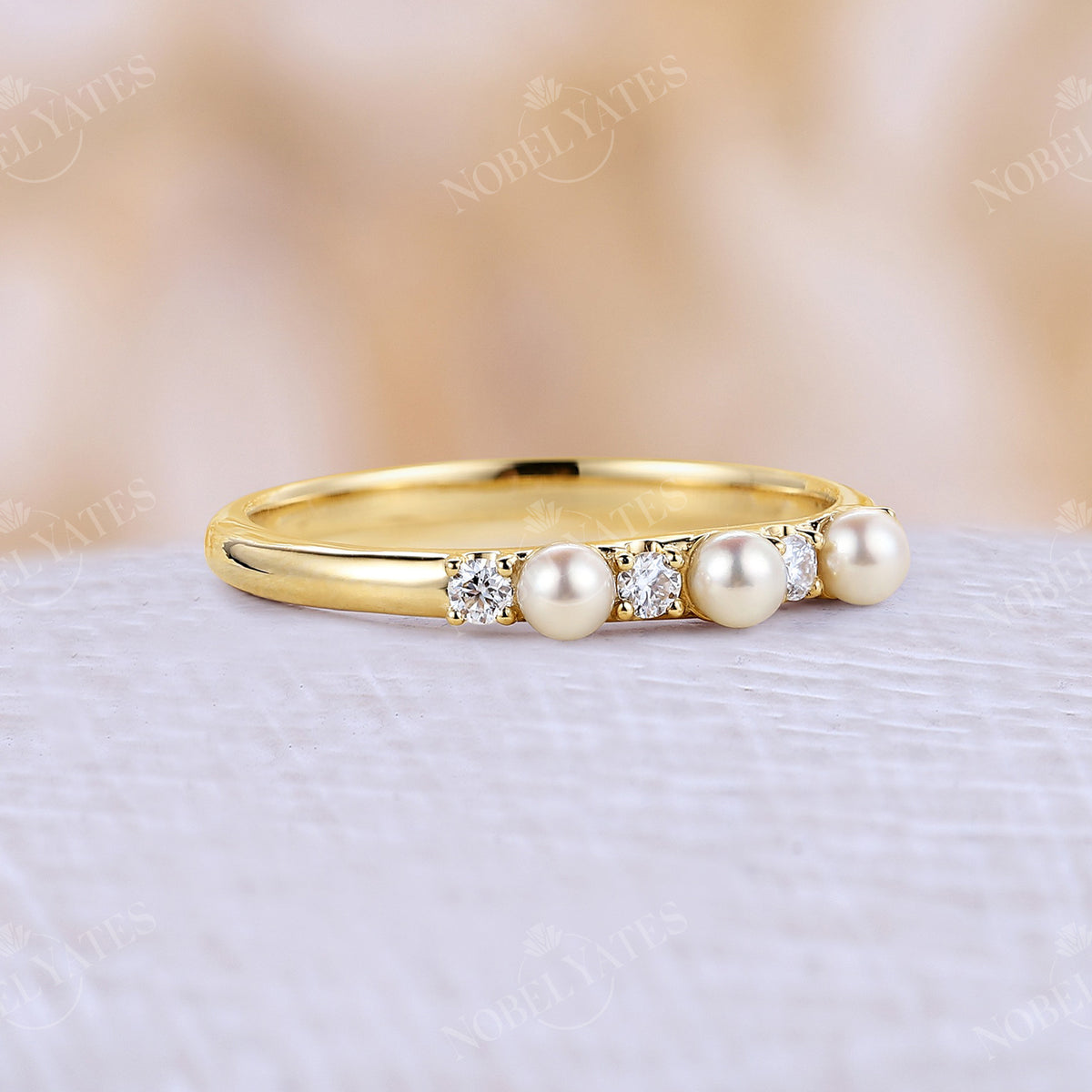 Diamond &Akoya Pearl Straight Band Yellow Gold Matching