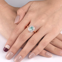 Oval Shape Moss Agate Art Deco Rose Gold Halo Engagement Ring