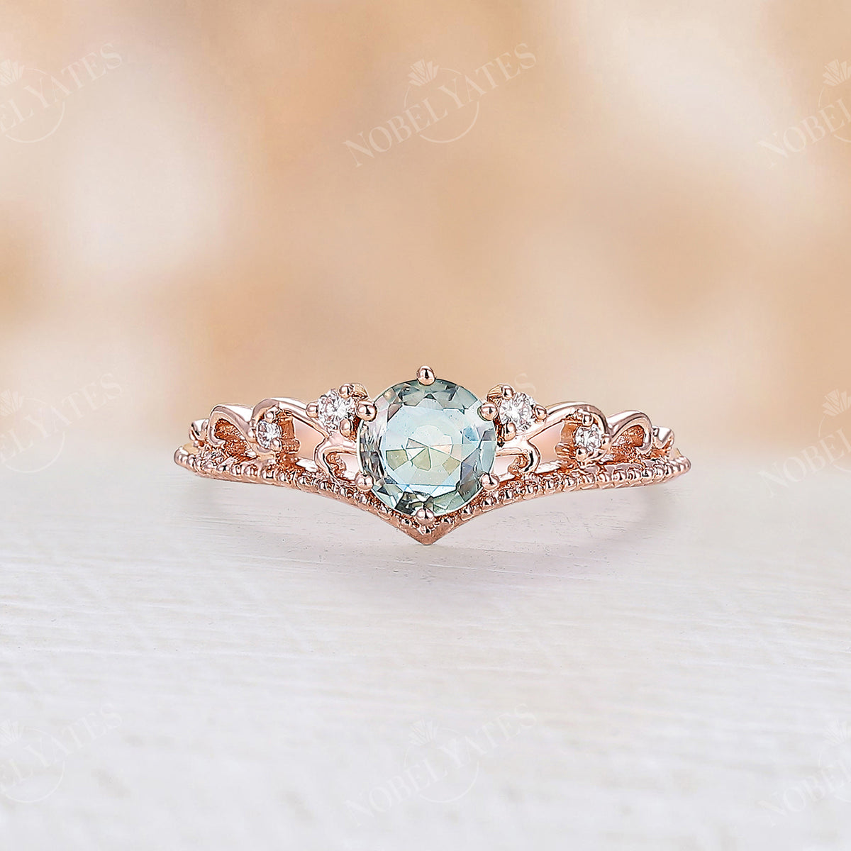 Vintage Round Natural Green Sapphire Milgrain Engagement Ring Rose Gold