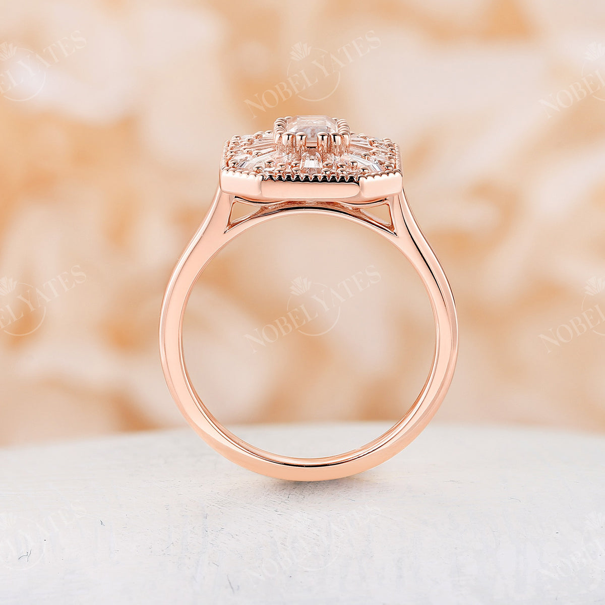 Delicate Art Deco Emerald Moissanite Engagement Ring Rose Gold