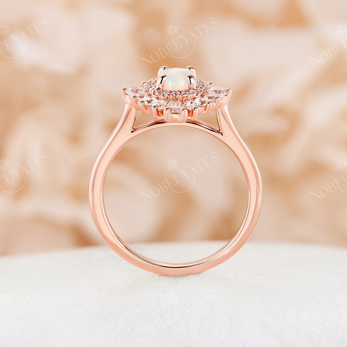 Art Deco Oval White Opal Rose Gold Halo Engagement Ring