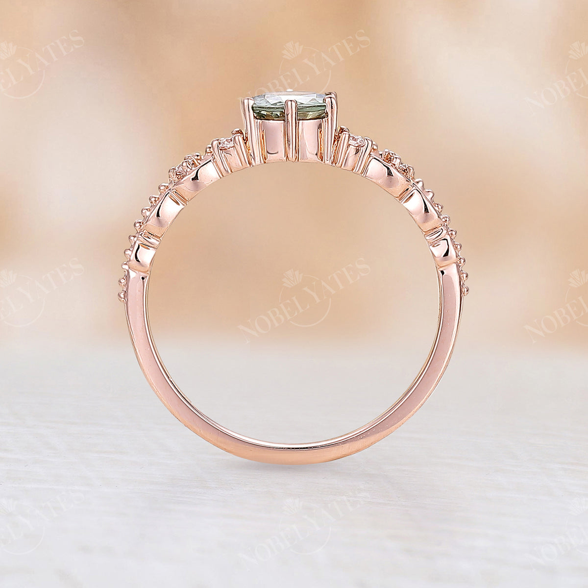 Vintage Round Natural Green Sapphire Milgrain Engagement Ring Rose Gold