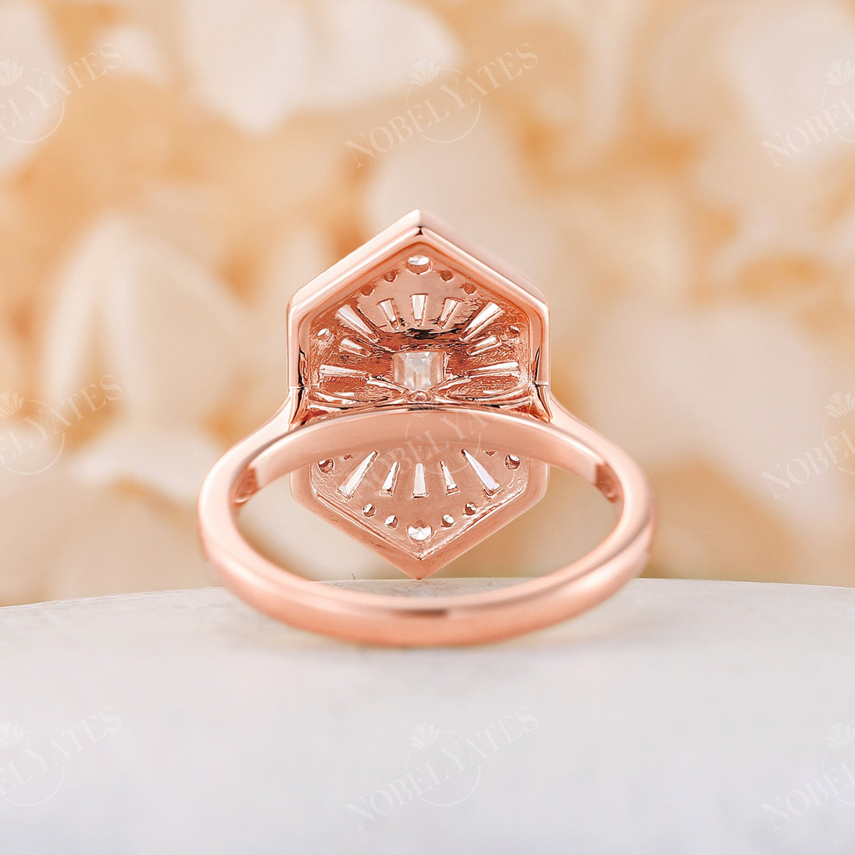 Cluster Art Deco Emerald Moissanite Engagement Ring Rose Gold