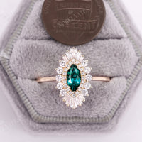 Marquise Cut Lab Emerald Unique Double Halo Art Deco Engagement Ring
