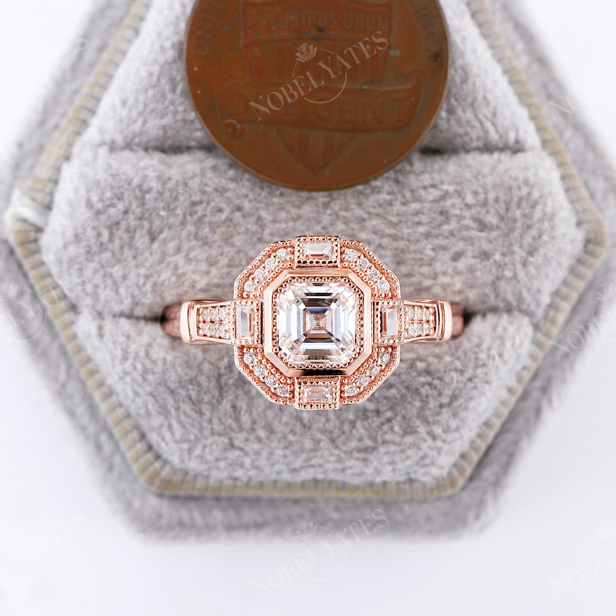 Asscher Cut Moissanite Art Deco Milgrain Engagement Ring Rose Gold