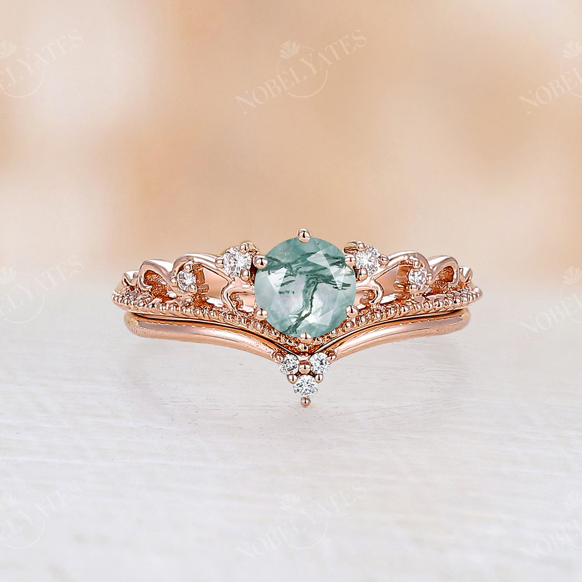 Vintage Round Moonstone Milgrain Engagement Ring Set Rose Gold