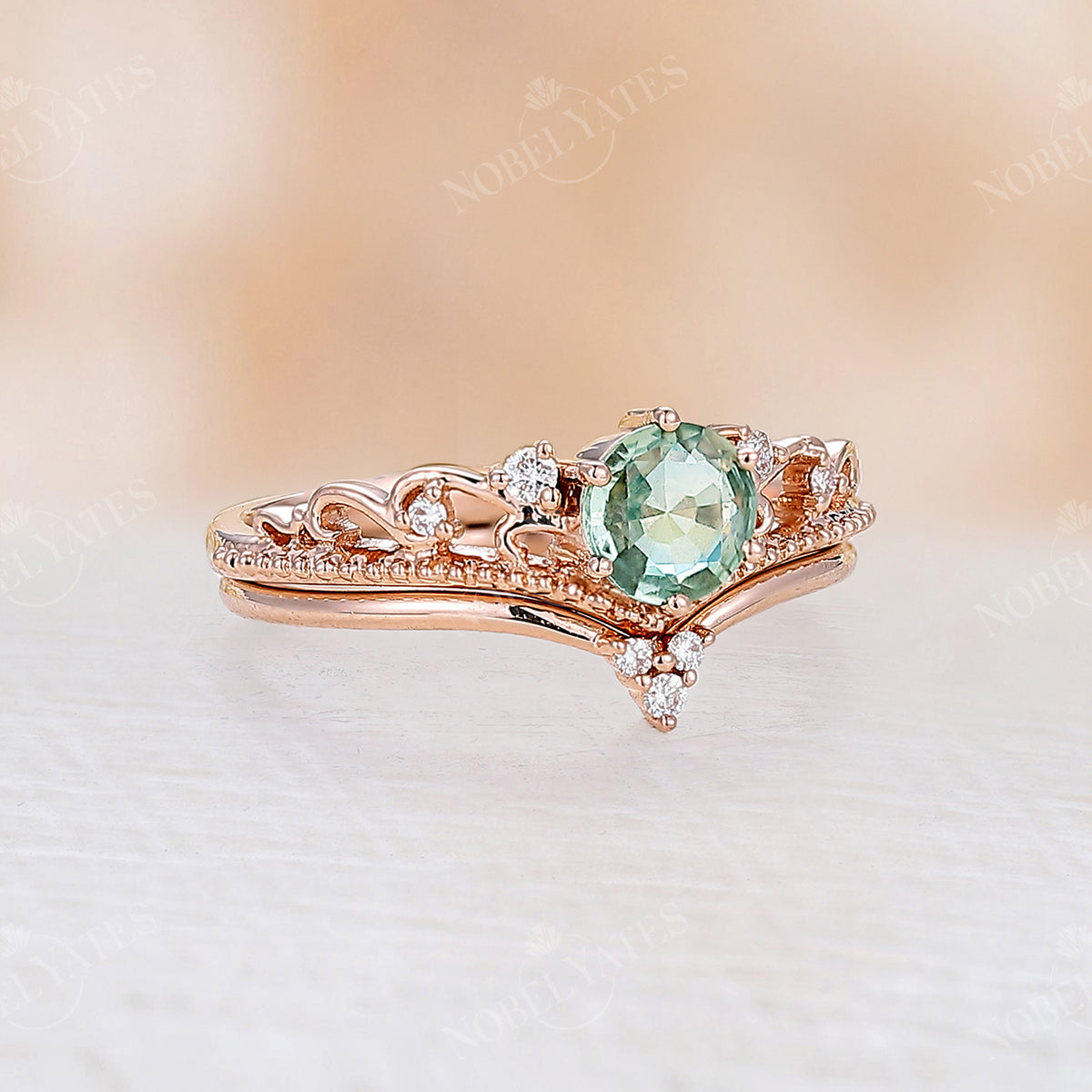 Natural Green Sapphire Vintage Rose Gold Milgrain Engagement Ring Set
