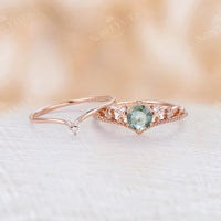 Natural Green Sapphire Vintage Rose Gold Milgrain Engagement Ring Set