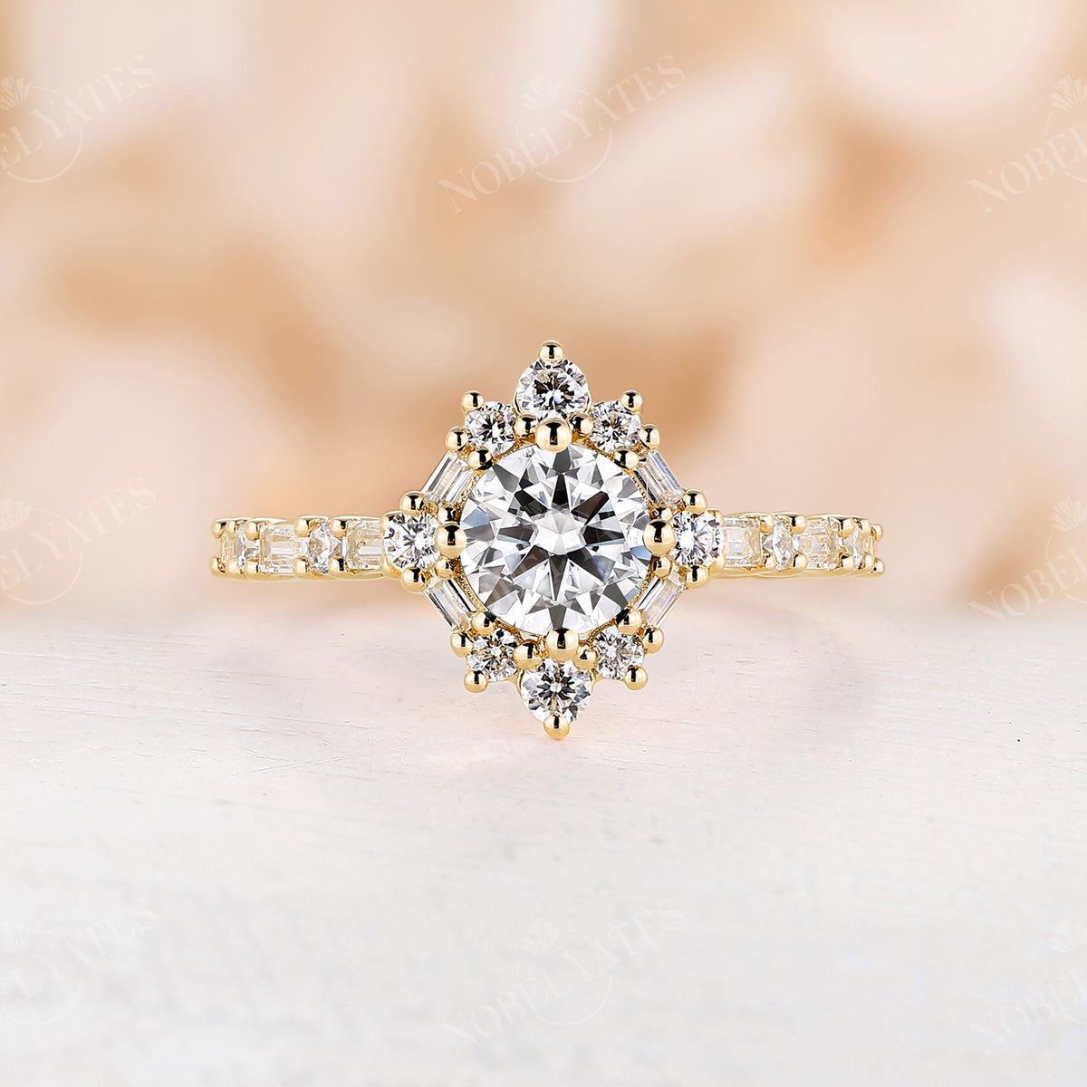 Round Cut Moissanite Art Deco Engagement Ring Rose Gold Halo