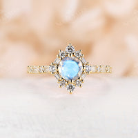 Blue Moonstone Art Deco Round Engagement Ring Rose Gold Halo