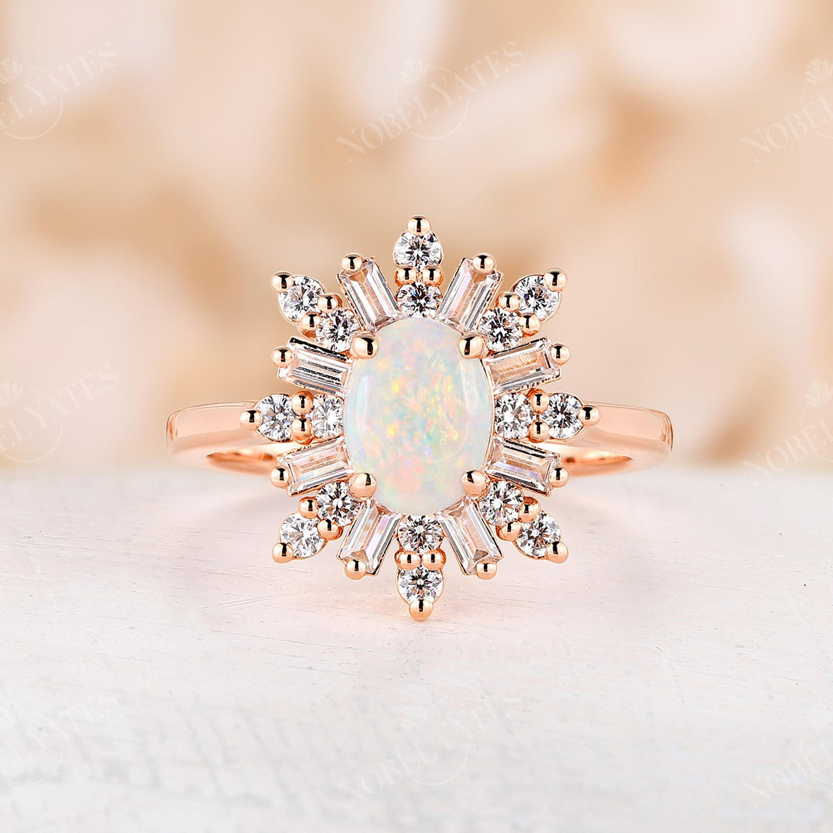 Art deco Oval Opal Engagement Ring Rose Gold
