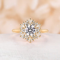 Round Moissanite Starburst Engagement Ring  Art Deco Halo CZ Rose Gold Ring