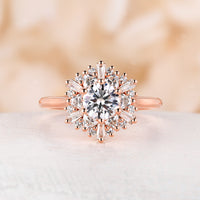 Round Moissanite Starburst Engagement Ring  Art Deco Halo CZ Rose Gold Ring