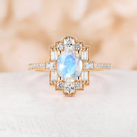 Oval Moissanite Art Deco Rose Gold Milgrain Engagement Ring