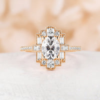 Oval Moissanite Art Deco Rose Gold Milgrain Engagement Ring