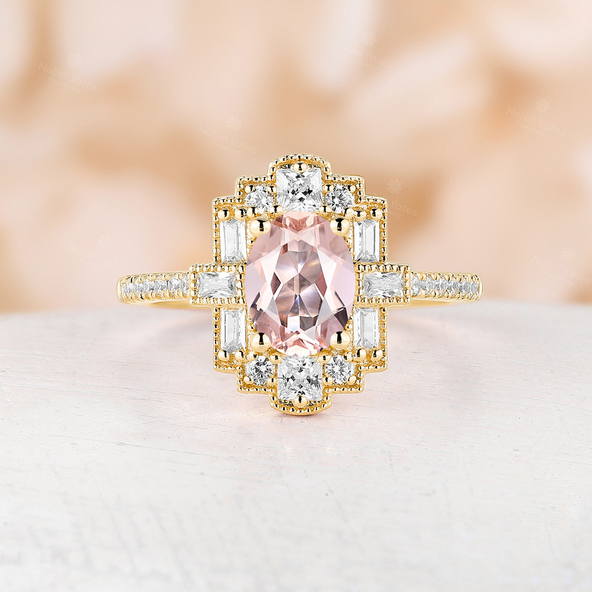 Oval Pink Morganite Art Deco Milgrain Engagement Ring