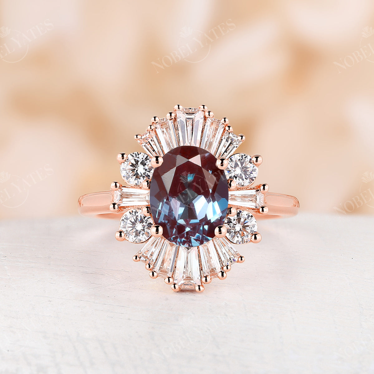 Oval Lab Alexandrite Art Deco Cluster Engagement Ring Rose Gold