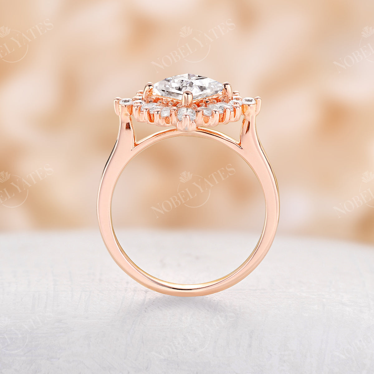 Princess Cut Halo Art Deco Engagement Ring Rose Gold
