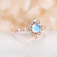 Blue Moonstone Art Deco Round Engagement Ring Rose Gold Halo
