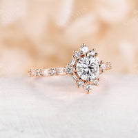 Round Cut Moissanite Art Deco Engagement Ring Rose Gold Halo