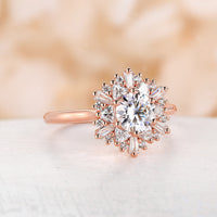 Round Moissanite Starburst Engagement Ring  Art Deco Halo CZ Rose Gold Ring