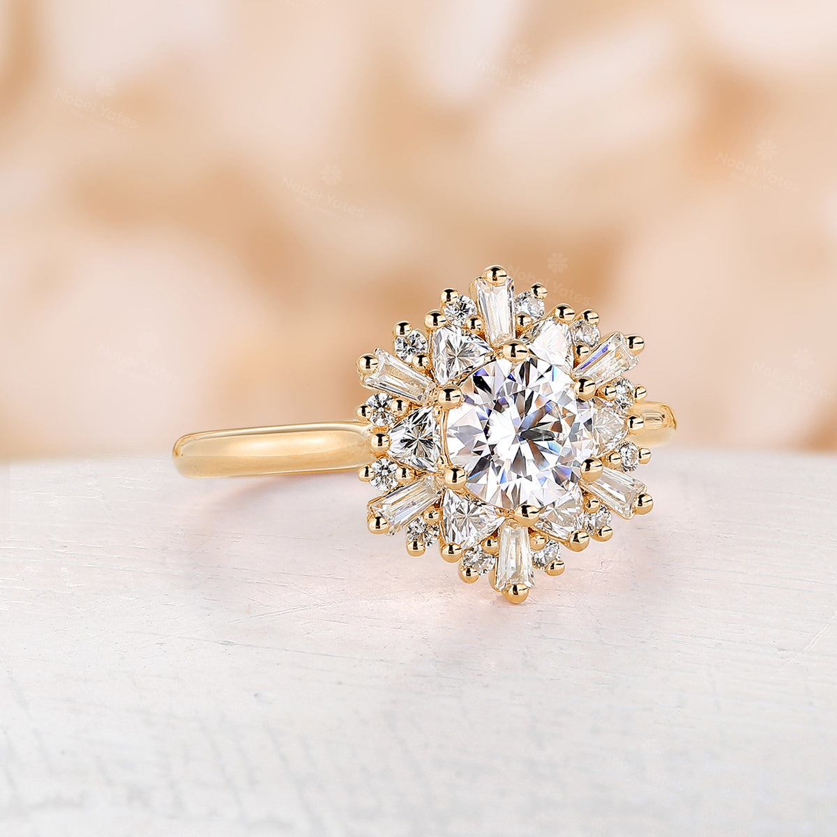 Round Moissanite Starburst Engagement Ring  Art Deco Halo CZ Rose Gold Ring