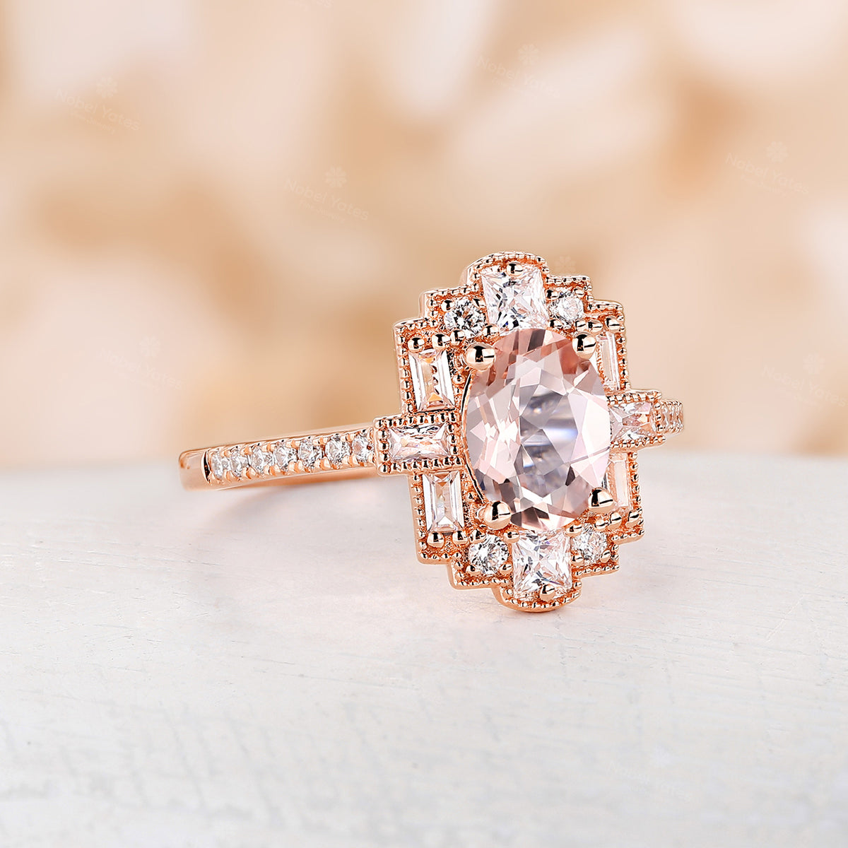 Oval Pink Morganite Art Deco Milgrain Engagement Ring