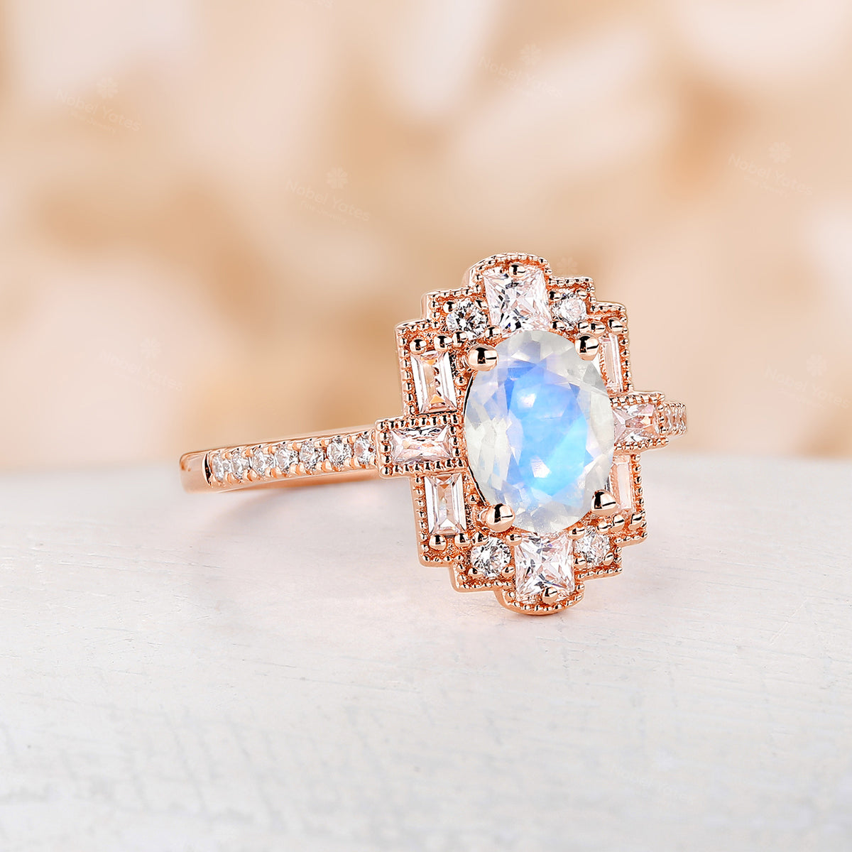 Oval Moonstone Art Deco Rose Gold Milgrain Engagement Ring