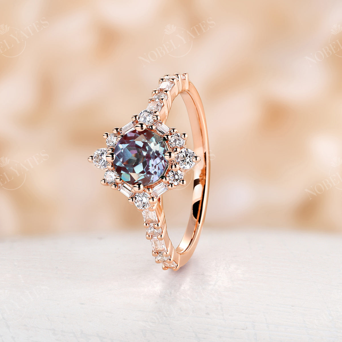 Round Cut Lab Alexandrite Rose Gold Halo Engagement Ring Art Deco