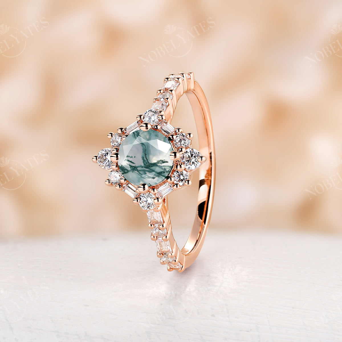 Moss Agate Art Deco Round Engagement Ring Rose Gold Halo