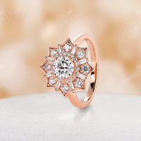 Art Deco Round Moissanite Rose Gold Halo Floral Engagement Ring