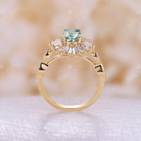 Art Deco Oval Moss Agate Yellow Gold Halo Milgrain Engagement Ring