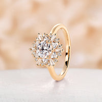 Round Moissanite Starburst Engagement Ring  Art Deco Halo CZ Rose Gold Ring