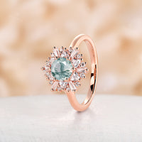 Starburst Round Moss Agate Engagement Ring  Art Deco Halo CZ Rose Gold Ring