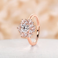 Round Moissanite Starburst Engagement Ring  Art Deco Halo CZ Rose Gold Ring