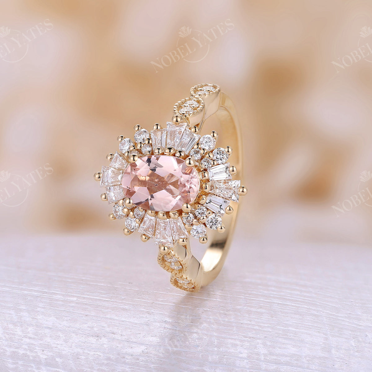 Orange Pink Morganite Oval Halo Milgrain Engagement Ring Yellow Gold Art Deco