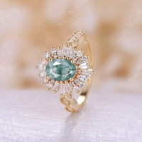 Art Deco Oval Moss Agate Yellow Gold Halo Milgrain Engagement Ring