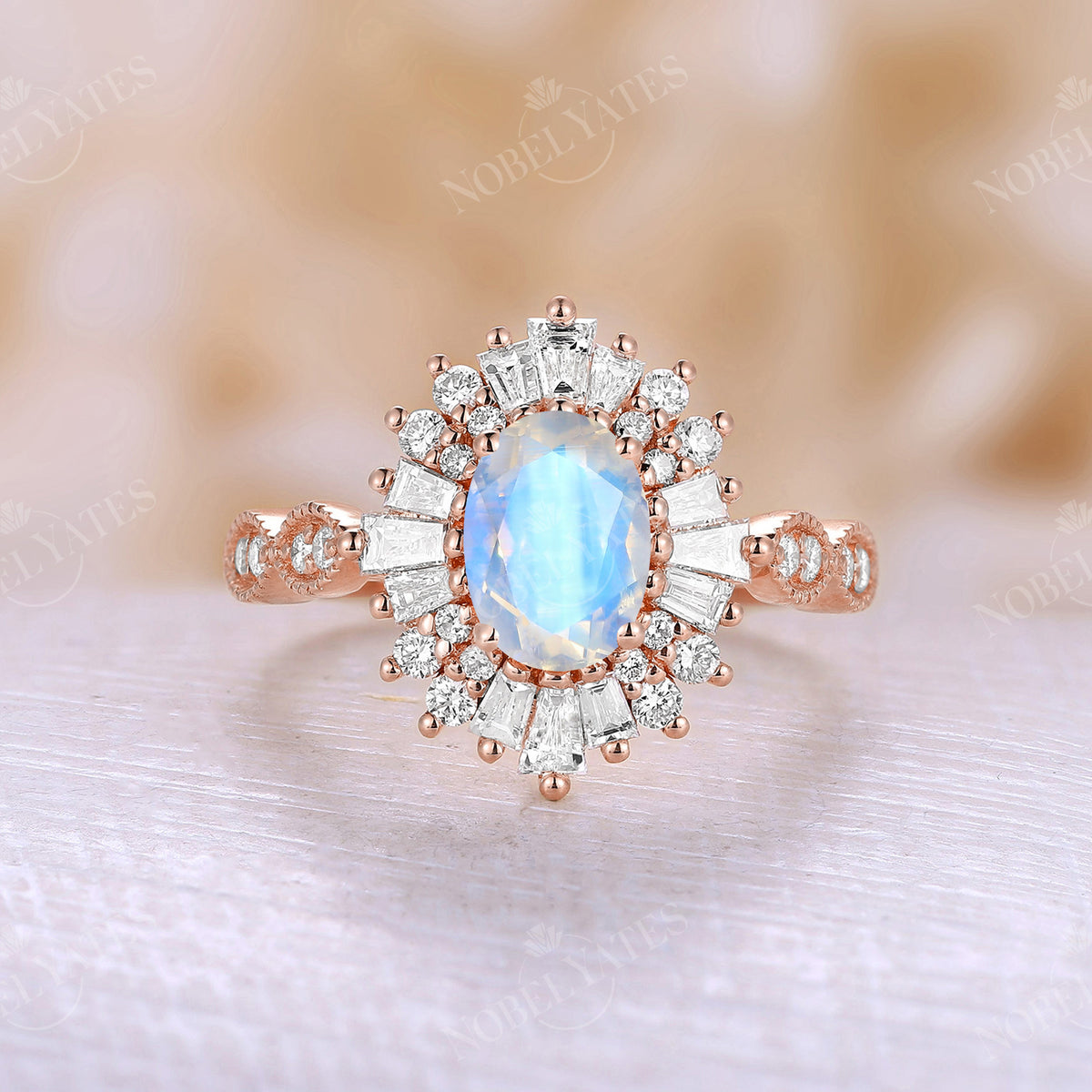Blue Moonstone Oval Halo Milgrain Engagement Ring Rose Gold Art Deco