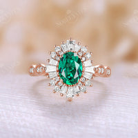 Art Deco Oval Lab Emerald Milgrain Engagement Ring Baguette Halo