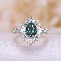 Vintage Art Deco Oval Teal Sapphire Rose Gold Engagement Ring Halo