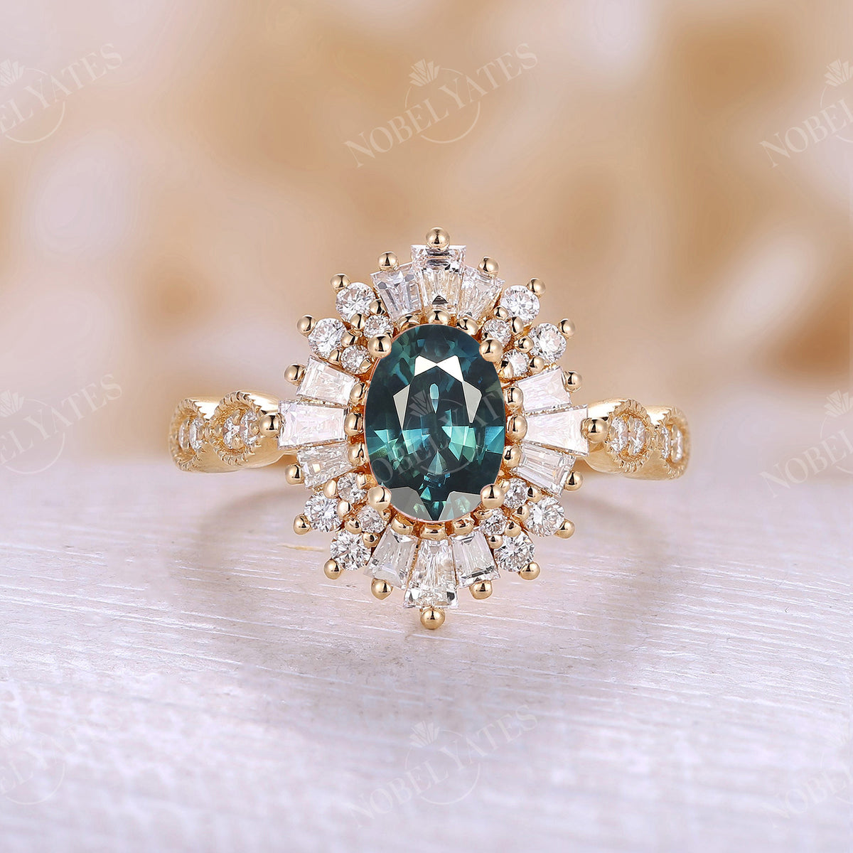 Vintage Art Deco Oval Teal Sapphire Rose Gold Engagement Ring Halo