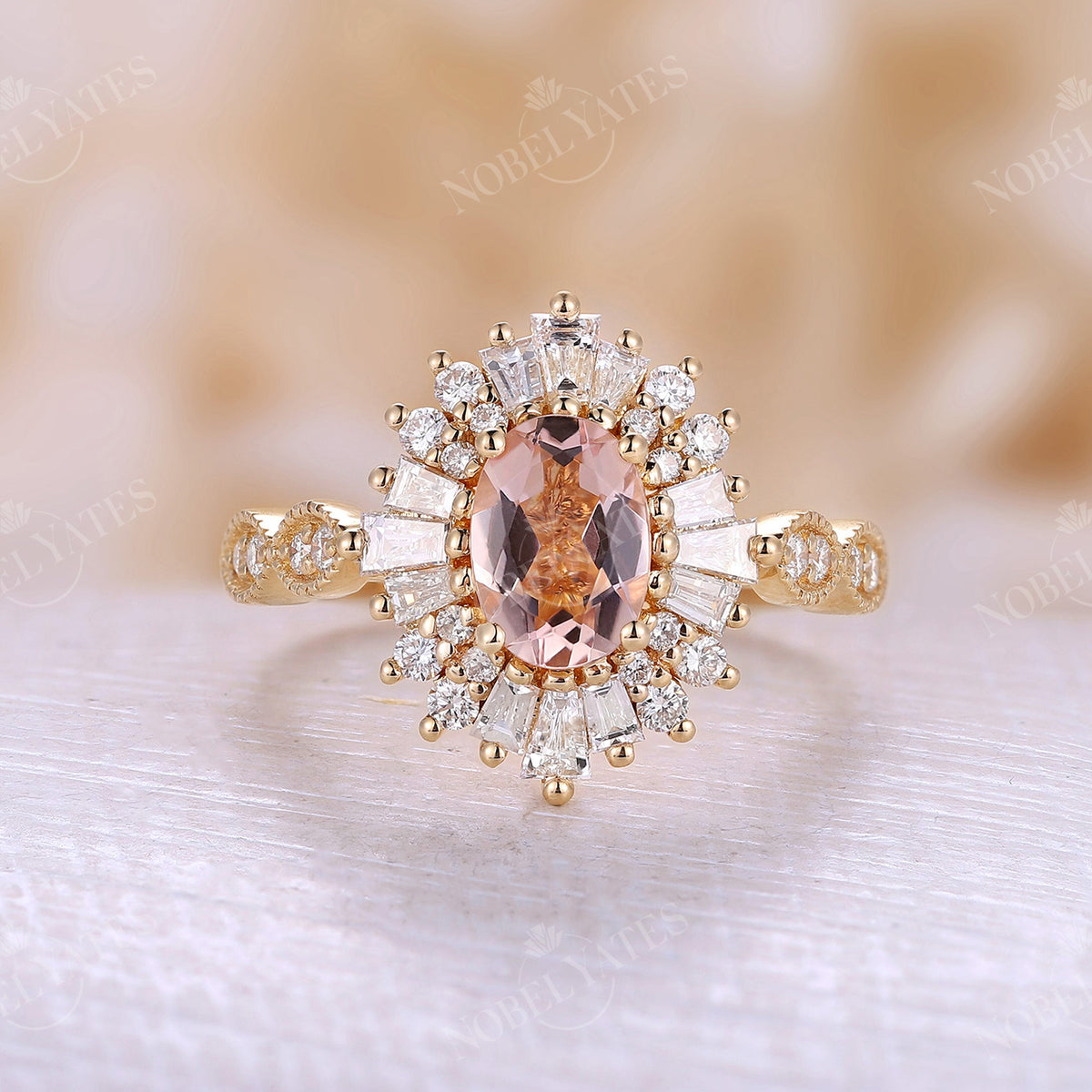Orange Pink Morganite Oval Halo Milgrain Engagement Ring Yellow Gold Art Deco