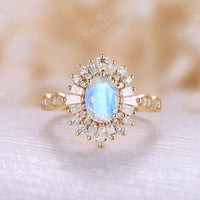 Blue Moonstone Oval Halo Milgrain Engagement Ring Rose Gold Art Deco