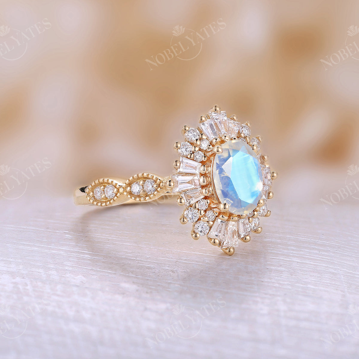 Blue Moonstone Oval Halo Milgrain Engagement Ring Rose Gold Art Deco